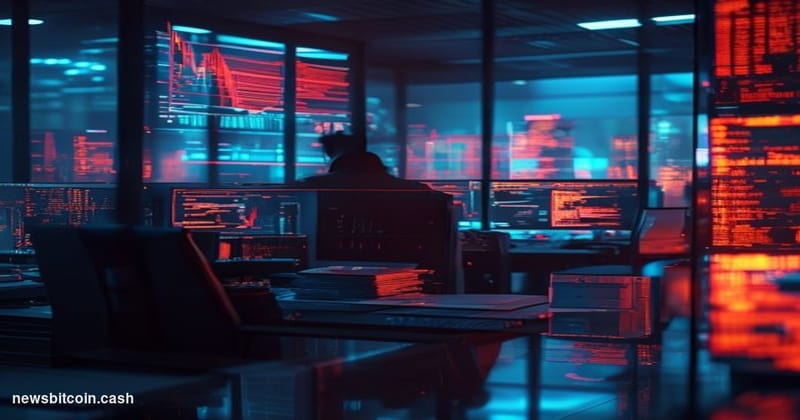 Cinematic photorealistic editorial photograph of a darkened cryptocurrency trading floor environment, lit by cool blue monito