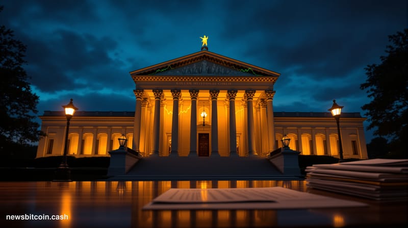 A cinematic photorealistic editorial photograph shot from a low angle looking up at the White House's North Portico at dusk, 