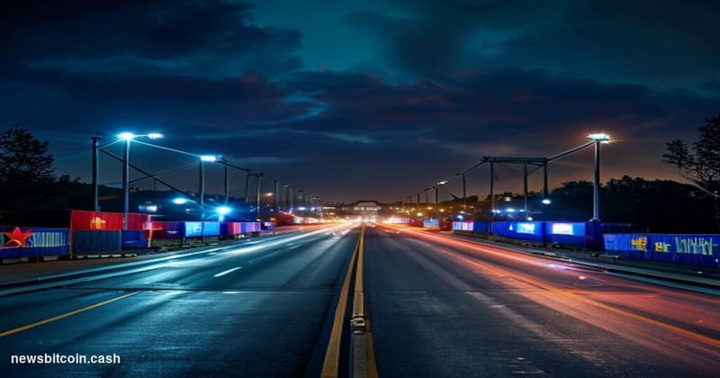 Cinematic photorealistic editorial photograph of the US-Canada border crossing at night, dramatic low-angle shot with the ico