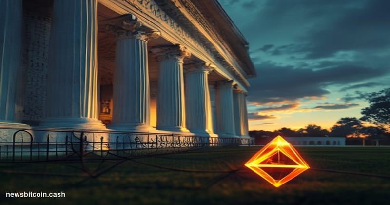 Cinematic photorealistic editorial photograph of the White House's North Portico at dusk, shot from a low angle with dramatic