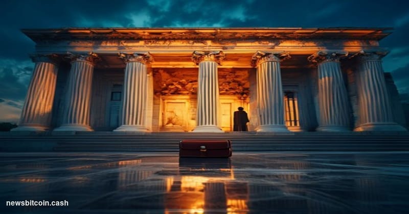 Cinematic photorealistic editorial photograph shot from a low angle looking up at the imposing neoclassical facade of the Rob