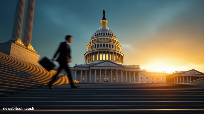 Cinematic photorealistic editorial photograph of the United States Capitol building at dusk, its white dome bathed in dramati