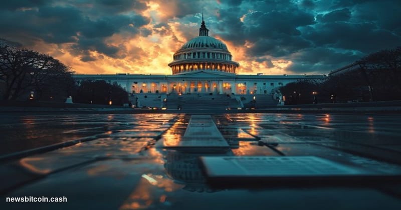 Cinematic photorealistic editorial photograph of the United States Capitol building in Washington D.C. shot from a low angle 