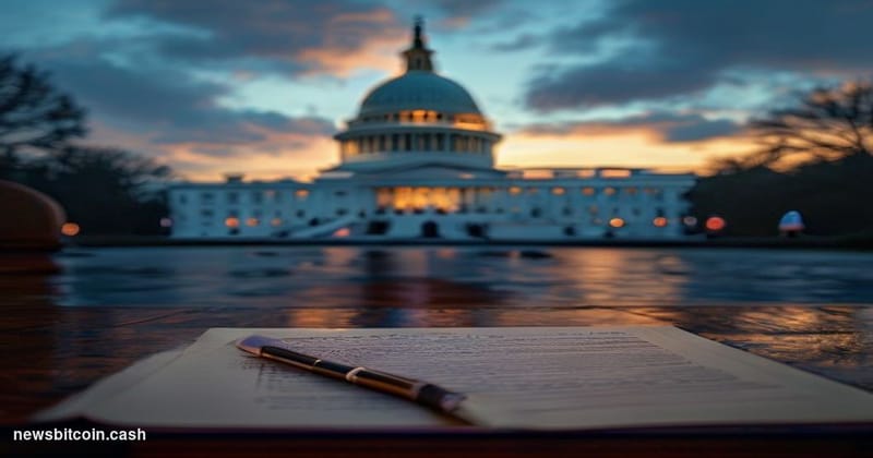Cinematic photorealistic editorial photograph of the United States Capitol building at dusk, shot from a low angle with drama