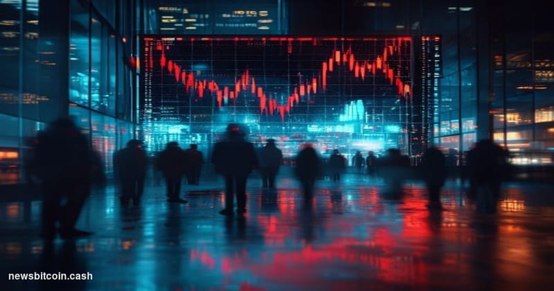 Cinematic photorealistic editorial photograph shot at a low angle looking up at a large cracked digital trading screen mounte