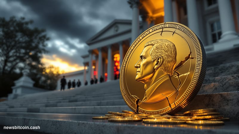 Cinematic photorealistic editorial photograph shot from a low angle looking up at a massive gold-tinted coin bearing a styliz