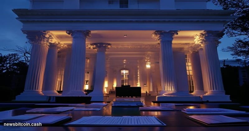 Cinematic photorealistic editorial photograph shot from a low angle looking up at the facade of the White House's North Porti