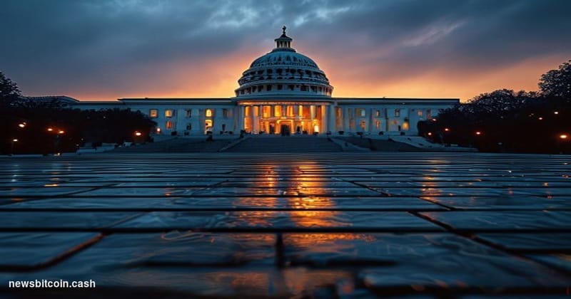 Cinematic photorealistic editorial photograph of the United States Capitol building at dusk, shot from a low angle looking up