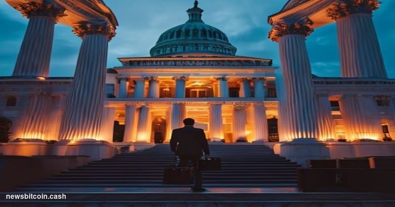 Cinematic photorealistic editorial photograph of the United States Senate chamber exterior at dusk, the Capitol dome dramatic
