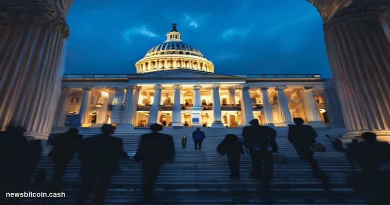 Cinematic photorealistic editorial photograph of the United States Capitol Building at dusk, shot from a low angle on the Cap