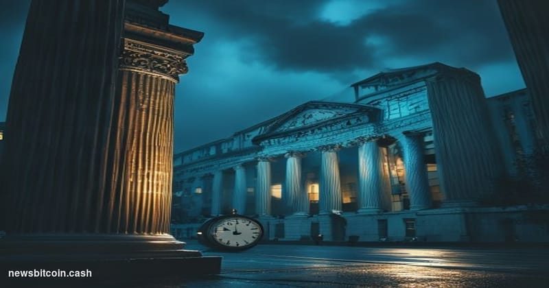 A cinematic photorealistic editorial photograph of the exterior of the United States Federal Reserve building in Washington D