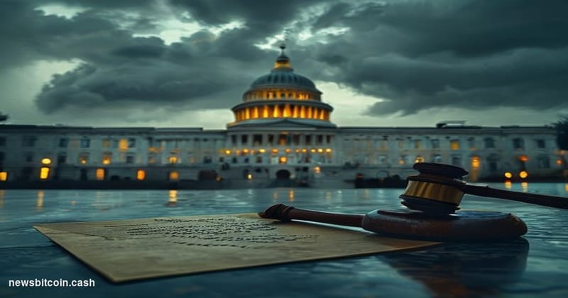 Cinematic photorealistic editorial photograph of the United States Capitol building at dusk, dramatic low-angle shot with sto