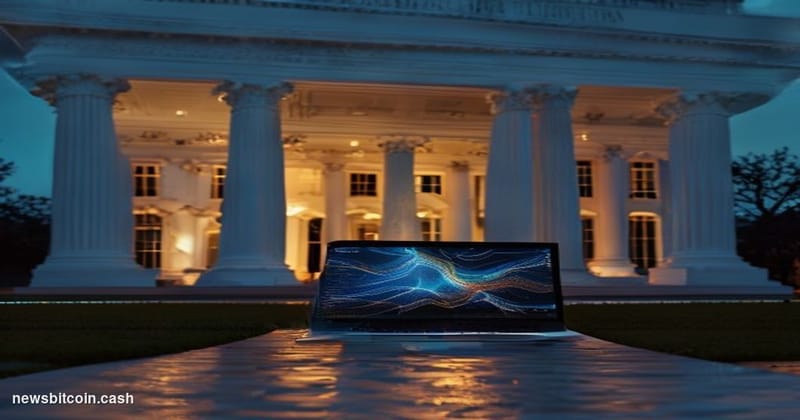 Cinematic photorealistic editorial photograph of the White House's North Portico at dusk, dramatic side-lighting casting deep