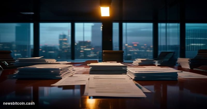 Cinematic photorealistic editorial photograph of a corporate boardroom negotiation scene gone cold — a dark mahogany conferen