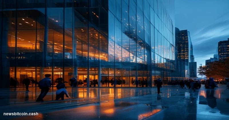 Cinematic photorealistic editorial photograph of Uber's San Francisco headquarters building exterior at dusk, shot from a low