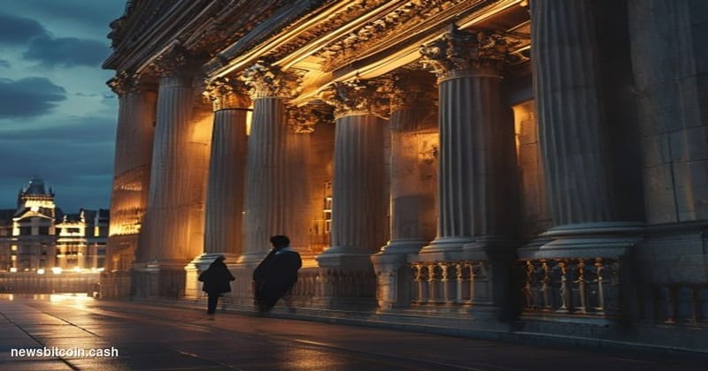 Cinematic photorealistic editorial photograph of the iconic facade of the UK Treasury building on Horse Guards Road in London