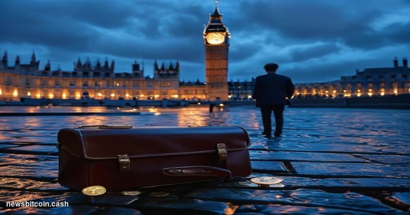 A cinematic photorealistic editorial photograph set outside the Palace of Westminster in London at dusk, with the iconic Eliz