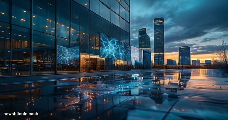 Cinematic photorealistic editorial photograph of the Financial Conduct Authority's London offices at dusk, the modernist Cana