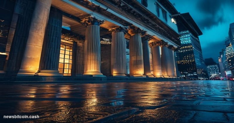 Cinematic photorealistic editorial photograph of the Bank of England's neoclassical stone facade on Threadneedle Street in th