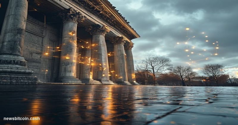 A cinematic photorealistic editorial photograph of the HM Treasury building in London, its neoclassical stone facade lit by t