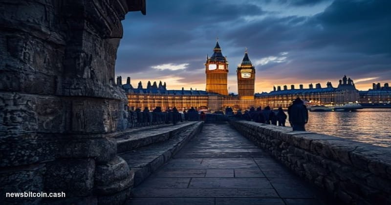 Cinematic photorealistic editorial photograph of the Palace of Westminster and the Houses of Parliament in London, shot from 