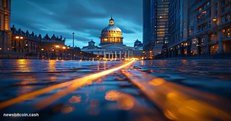 Cinematic photorealistic editorial photograph of the City of London financial district at dusk, with the iconic dome of St. P