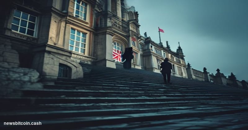 Cinematic photorealistic editorial photograph of the exterior of a grand neoclassical British government building — modeled o