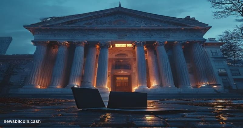 Cinematic photorealistic editorial photograph of the exterior of a London Crown Court building at dusk, its classical stone f