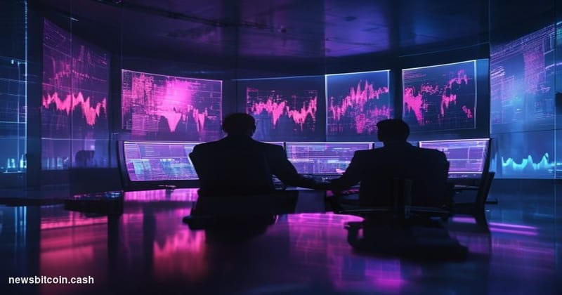 A cinematic photorealistic editorial photograph of a sleek, dimly lit cryptocurrency trading operations center, with large cu