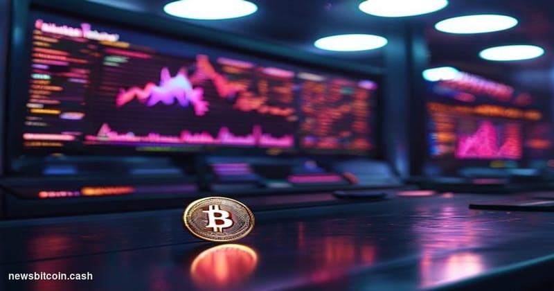 Cinematic photorealistic editorial photograph of a sleek cryptocurrency trading terminal in a darkened institutional finance 