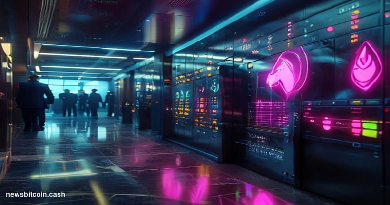 Cinematic photorealistic editorial photograph of the Uniswap protocol's symbolic environment rendered as a physical trading f
