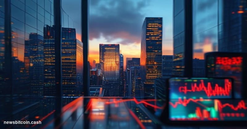 Cinematic photorealistic editorial photograph of the Seoul financial district skyline at dusk, shot from a low angle looking 