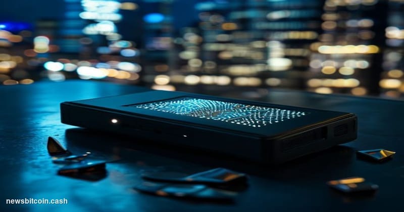 Cinematic photorealistic editorial photograph of a Ledger hardware wallet device resting on a dark matte surface, dramaticall