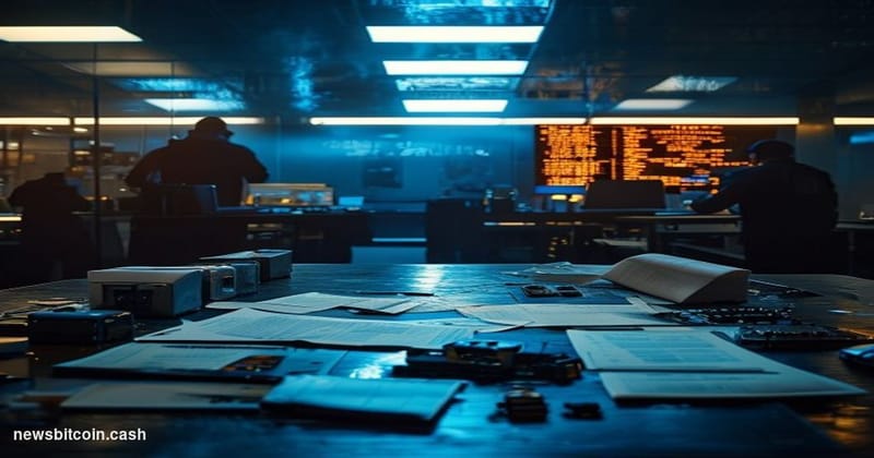 Cinematic photorealistic editorial photograph of a US Department of Justice or federal law enforcement operations center, dim