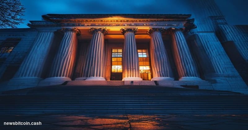 Cinematic photorealistic editorial photograph of the exterior of the Federal Reserve Building in Washington D.C. at dusk, sho