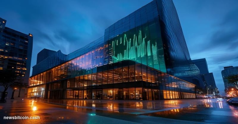 Cinematic photorealistic editorial photograph of the Coinbase San Francisco headquarters building at dusk, its glass facade r