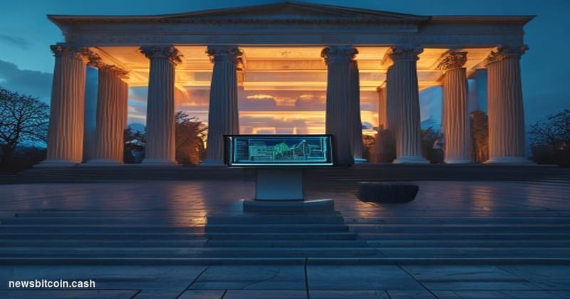 Cinematic photorealistic editorial photograph of the United States Treasury building in Washington D.C. at dusk, its neoclass