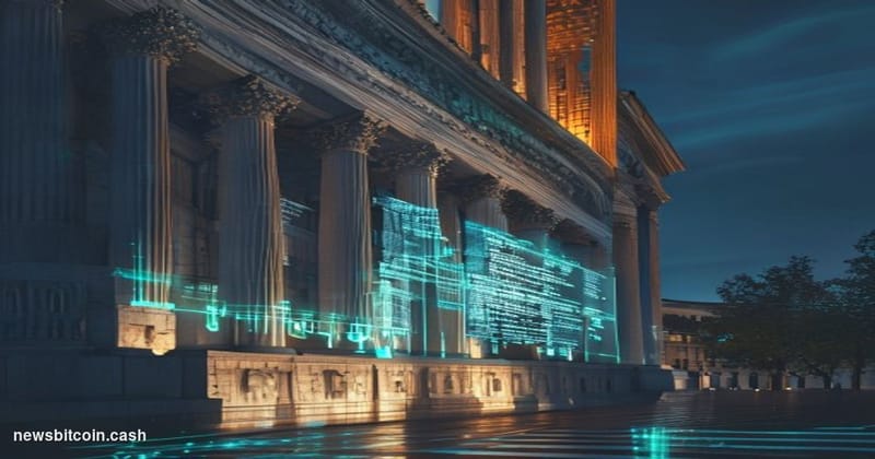 A cinematic photorealistic editorial photograph of the United States Department of Justice building in Washington D.C., shot 