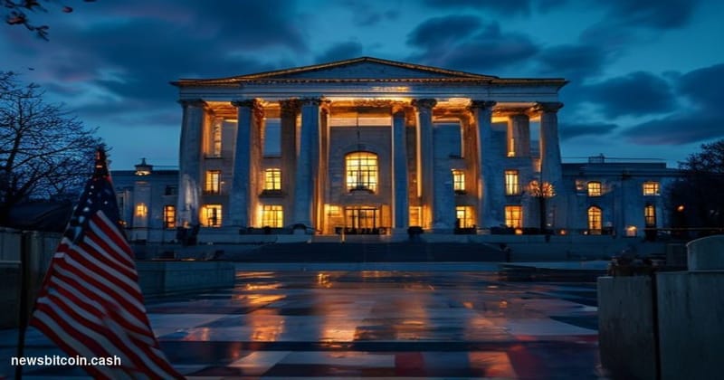 Cinematic photorealistic editorial photograph of the US Department of Justice headquarters in Washington D.C. at dusk, its ne
