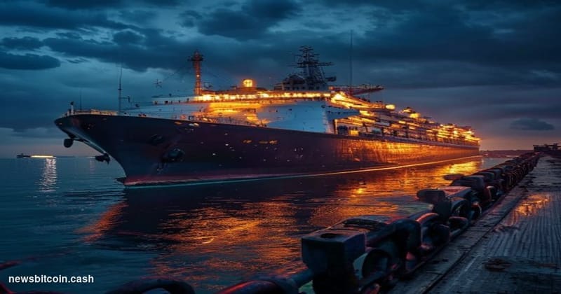 Cinematic photorealistic editorial photograph of a massive oil tanker anchored at dusk in international waters, its hull refl