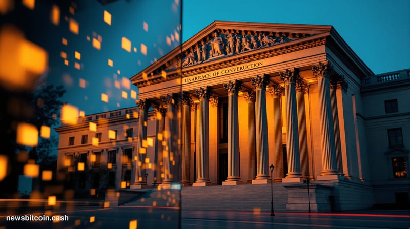 Cinematic photorealistic editorial photograph of the exterior of the Federal Reserve Board's Eccles Building in Washington D.