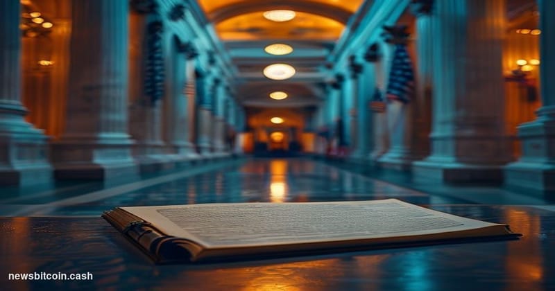 A cinematic photorealistic editorial photograph set inside a grand federal courthouse corridor in Washington D.C., with marbl