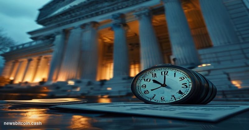 Cinematic photorealistic editorial photograph of the U.S. Treasury Building in Washington D.C. shot from a low angle at dusk,
