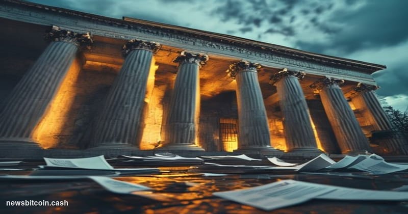 Cinematic photorealistic editorial photograph of the imposing neoclassical facade of the US Treasury building in Washington D