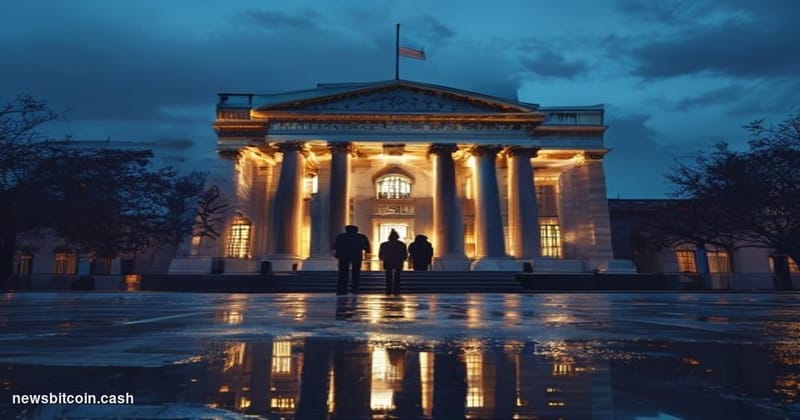 Cinematic photorealistic editorial photograph shot at dusk, dramatic low-angle view of the US Treasury Department's neoclassi