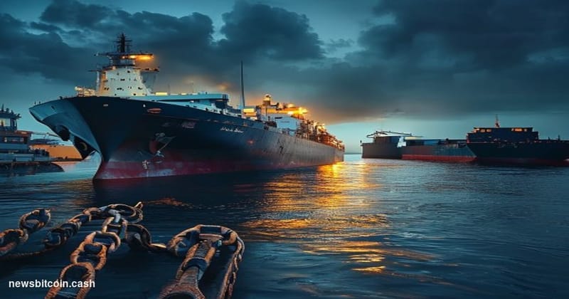Cinematic photorealistic editorial photograph shot at dusk from a low dock-level angle, dramatic side-lighting casting long s