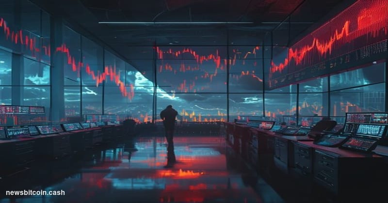 Cinematic photorealistic editorial photograph of a large financial trading floor with multiple screens displaying red downwar