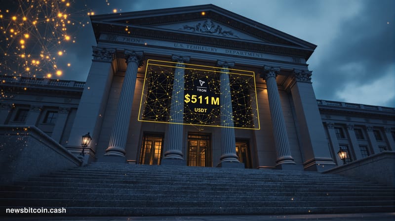 Cinematic photorealistic editorial photograph, dramatic side-lighting from the left casting deep shadows across a U.S. Treasu