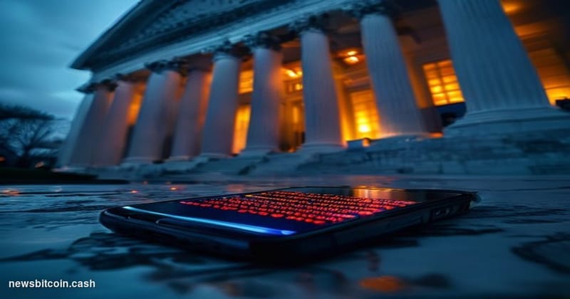 Cinematic photorealistic editorial photograph of the U.S. Department of the Treasury building in Washington D.C., shot at dus