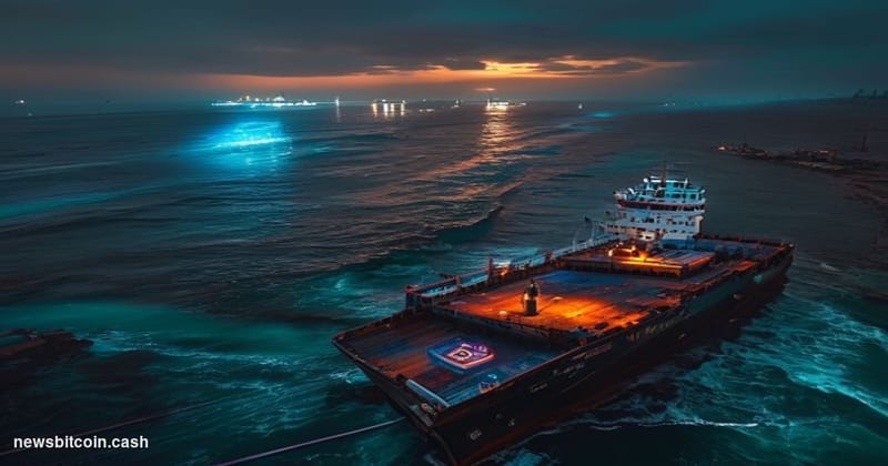 Cinematic photorealistic editorial photograph of the Strait of Hormuz viewed from a low drone angle at dusk, with a large com